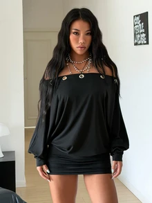 StreetHx Off-Shoulder Sexy Loose Eyelet Decor Bodycon Dress - Black - View 3