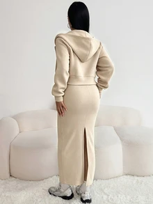 SHEIN Raffinéa 女款休閒連帽拉鍊夾克，收腰彈性針織露背洋裝，米色，適合早午餐與秋季 - 米色 - 查看 2