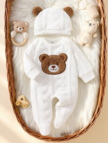 SHEIN 2件組新生兒男嬰連身包屁衣，白色可愛愛心提花泰迪熊毛絨貼布繡長袖款，生日派對秋季風格附護耳帽套裝 - 白色 - 查看 3
