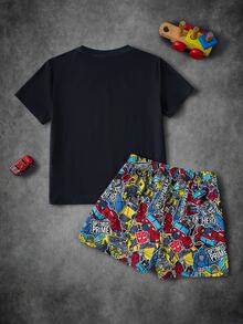Transformers X SHEIN Tween Boy Crew Neck Letter Print Short Sleeve Top And Shorts Casual Daily Home Pajama Set - Black - View 2