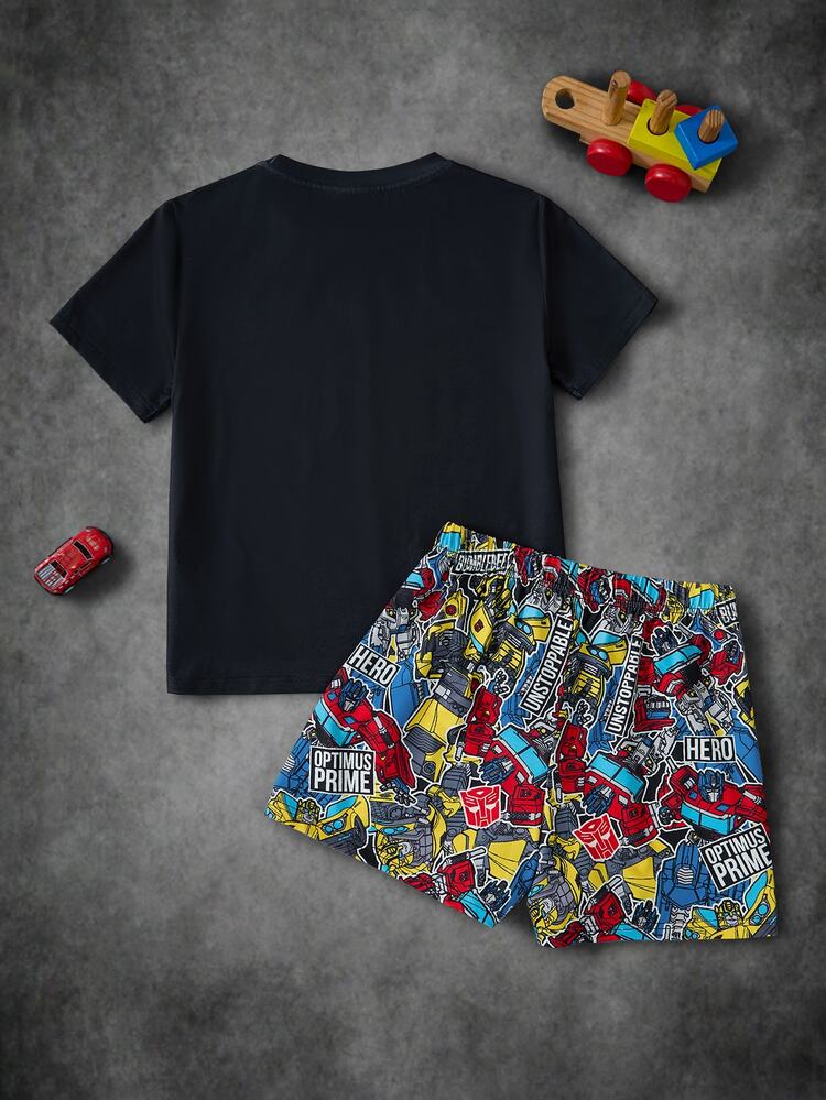 Transformers X SHEIN 大童男孩圓領字母印花短袖上衣與短褲休閒居家睡衣套裝 - 黑色 - 查看 2