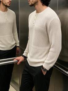Manfinity Dauomo Old Money Style Men's Round Neck Hollow Knit Top, Early Autumn Casual Double Horizontal Stripe Mesh Long Sleeve Half-Button Pullover Sweater - Apricot - View 5