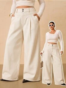 SHEIN Tall CURVE 大尺碼女款高腰口袋寬腿寬鬆休閒牛仔褲 - 卡其色 - 查看 8