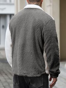 Manfinity CasualCool 男士純色對比飾邊鈕扣前襟口袋毛絨長袖休閒夾克，高領 - 灰色 - 查看 2