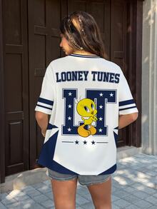LOONEY TUNES X SHEIN Women's Cartoon Print Short Sleeve Crew Neck T-Shirt - White - View 4