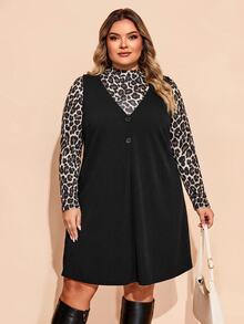 SHEIN CURVE+ Casual Plus Size Women Leopard Print Top + Solid Color Dress 2pcs Set, Autumn Style - Multicolor - View 3