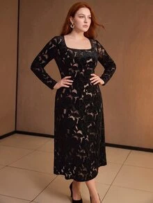 MOTF PREMIUM PLUS SIZE WOMEN'S VELVET EMBROIDERED HOLLOW OUT ELEGANT STRAIGHT DRESS - Black - View 7