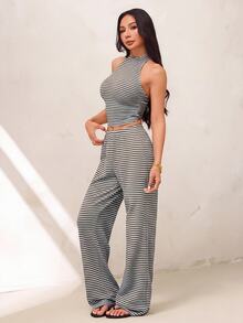 SHEIN PETITE 女款條紋掛脖上衣與長褲休閒日常套裝 - 彩色 - 查看 7