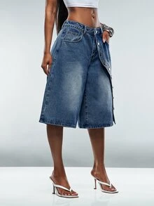 Denimoi Button Front Oversized Denim Jorts Fashionable Streetwear Cool Girl Shorts Fall Outfits - Medium Wash - View 4