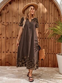 EMERY ROSE Gaun Panjang Kasual Wanita Gaya Boho Motif Leopard untuk Acara Brunch, Motif Leopard Abu-abu, Musim Gugur - Coklat - View 5