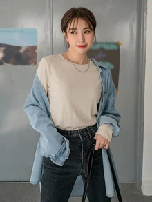DAZY 秋季休閒百搭素色長袖T恤 - 杏色 - 查看 6