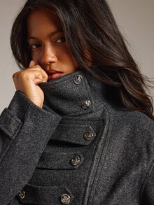 Athîral Vintage Style Solid Color Double-Breasted High Neck Women's Jacket, Autumn/Winter Commuter Women's Coat, Front Placket With Metal Buttons, Suitable For Back To School, Concerts, Casual Versatile, Napoleon Style - Dark Grey - View 7