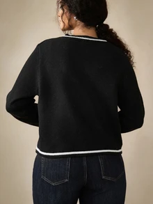 Nubod Fashion Retro Gold Button Black & White Contrast Knit Cardigan Plus Size Winter - Black - View 2