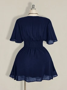 SHEIN ICON 大尺碼荷葉袖V領收腰A字洋裝，海灘度假、波希米亞休閒風、嬉皮、Y2K、夏季、情人節、優雅約會 - 藏蓝色 - 查看 3