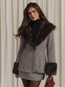 Aloruh Women's Elegant Business Commute Long Sleeve Blazer + Mini Skirt Old Money Style Faux Fur Patchwork Suit 2 Pieces Set - Coffee Brown - View 5