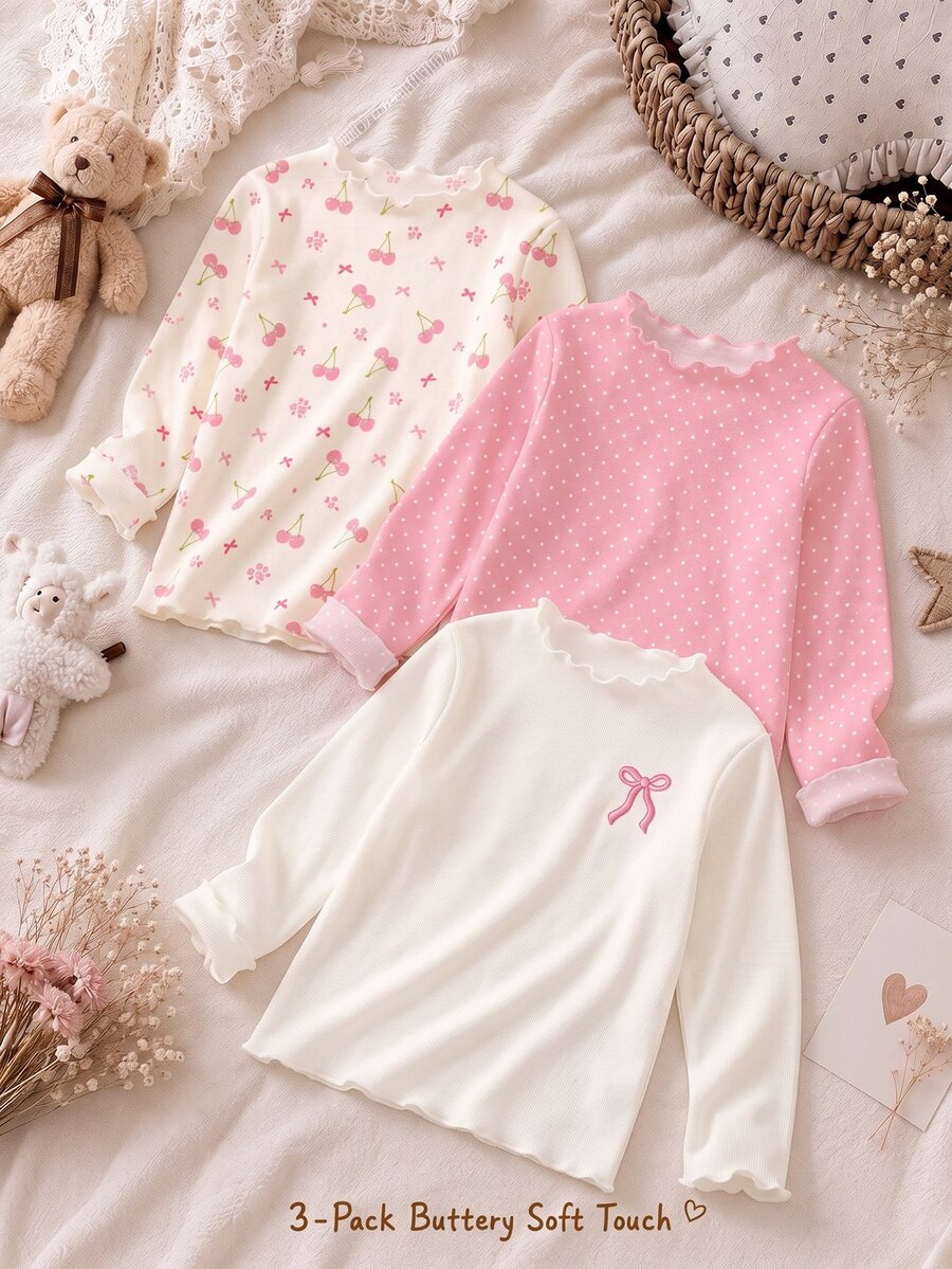 3pcs Soft Mist Color Series, Bohemian Ditsy Floral, Mini Polka Dot, Mini Bow Pattern, Girls Casual Comfortable Soft Elastic Ribbed Frill Trim Tops, Suitable For Autumn/Winter Daily Wear, Layering, Back To School Wardrobe Essential Basic, Autumn/Winter Inner Layering Must-Have, Sweet And Playful Style - Multicolor - View 1