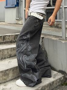 STEELVANCE Street Style Retro Fashion Versatile Distressed Washed Embroidered Design Loose Straight Wide Leg Casual Denim Jeans (Belt And Accessories Not Included) - Black - View 1