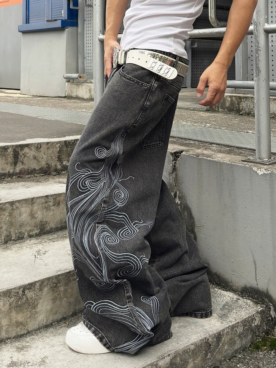STEELVANCE Street Style Retro Fashion Versatile Distressed Washed Embroidered Design Loose Straight Wide Leg Casual Denim Jeans (Belt And Accessories Not Included) - Black - View 1