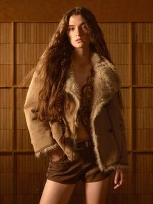 MOTF STUDIO WOMEN'S VINTAGE BUTTON POCKET LONG SLEEVE FAUX FUR COAT - Mocha Brown - View 1