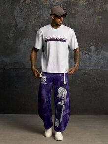 Transformers X SHEIN Men's Letter Print Elastic Waist Long Pants Evergreen - Purple - View 4