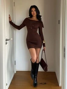 Aloruh Women's Solid Color Button Design Long Sleeve Fitted Fashion Knit Dress - Brown - View 1