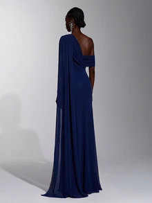 Elitara Gaun Panjang Model A-Line Elegan Berwarna Merah dengan Detail Kerut dan Hiasan Jala Angora, Satu Bahu, untuk Wanita, Cocok untuk Pernikahan, Acara Formal, dan Gaun Pengiring Pengantin. - Navy Blue - View 2