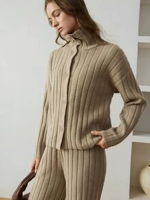 Dazy-Less Women's High Neck Button Long Sleeve Sweater And Pants 2 Pieces Set - Khaki - View 4