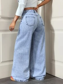 Slaydiva Women's Pocket Button Versatile Daily Casual Denim Jeans - Blue - View 2