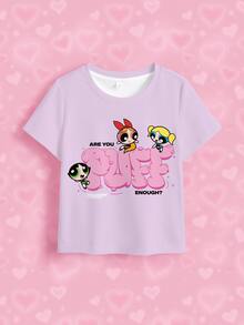 THE POWERPUFF GIRLS X SHEIN Young Girl Letter Cartoon Print Casual Daily Short Sleeve T-Shirt - White - View 7
