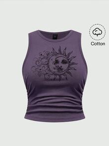 ROMWE Hippie 暗黑哥德風嬉皮風太陽月亮星星無袖大尺碼背心 - 紫色 - 查看 1