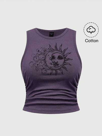 Canotta senza maniche taglie forti stile gotico hippie con sole, luna e stelle