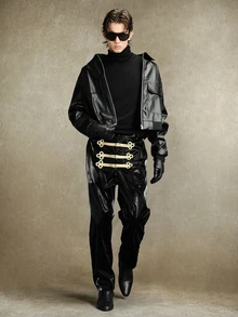 ROMWE MEN Goth Men's Fashion Vintage PU Court Pants - Black - View 7