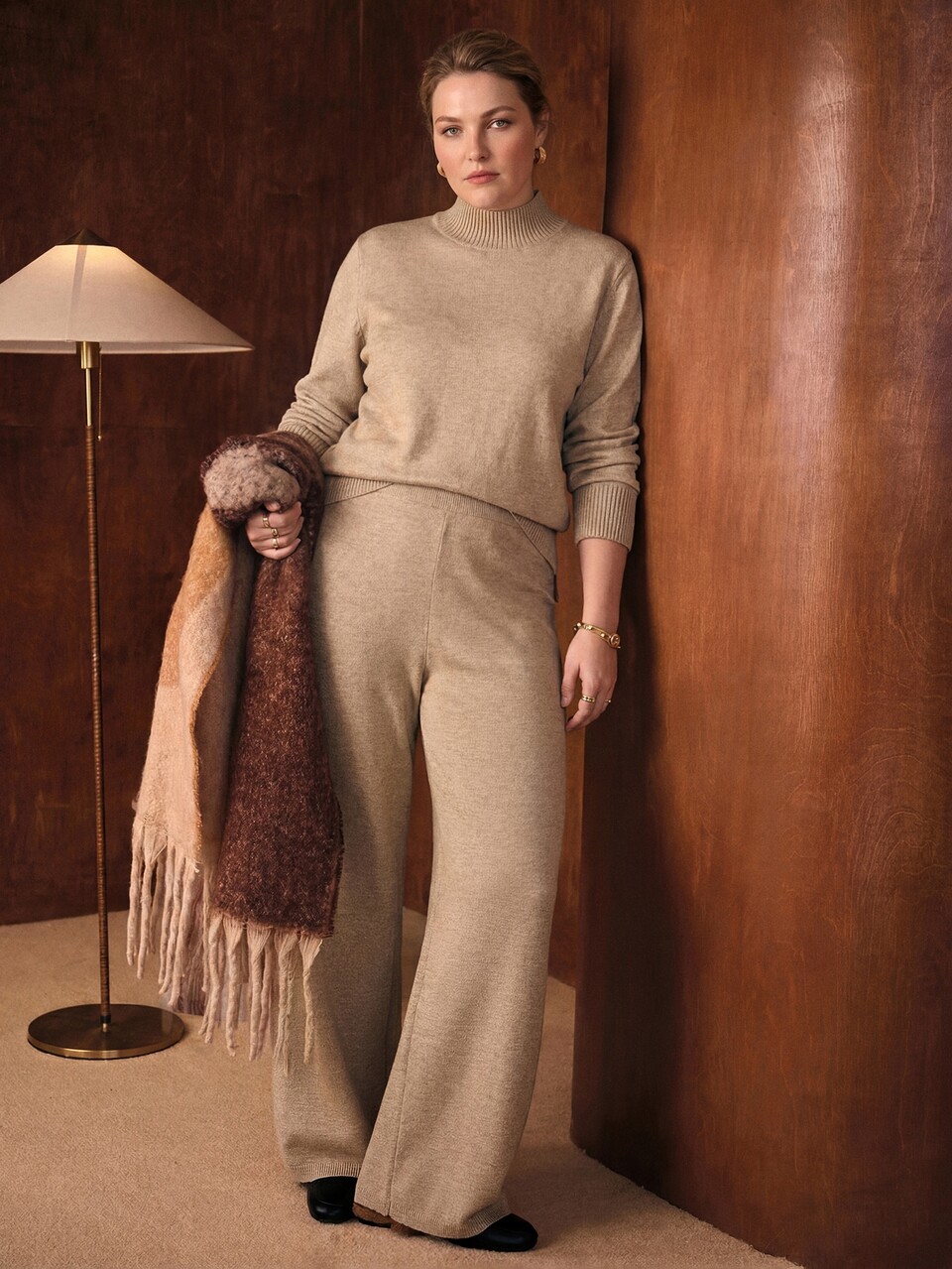 MOTF ELEGANT PEARL & METAL BUTTON DECORATED WOMEN'S AUTUMN/WINTER KHAKI PULLOVER SWEATER 2 PIECES SET