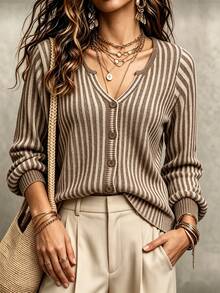 RosyDaze Women's Striped Dropped Shoulder Long Sleeve Single-Breasted Casual French Elegant Knit Cardigan Office Brown Striped Autumn - Coffee Brown - View 7