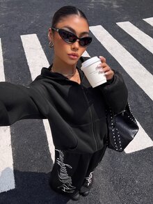 Muchica Women's Street Letter Print Hoodie And Loose Pants Set - Black - View 5