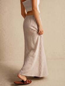 Poéselle 女款長裙、落地長裙、腰部繫帶、可愛裙子、低腰裙 - 卡其色 - 查看 4