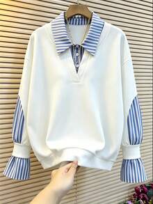 Franclia 2pcs Faux Shirt Collar Contrast Color Striped Casual Women's Sweatshirt - White - View 1