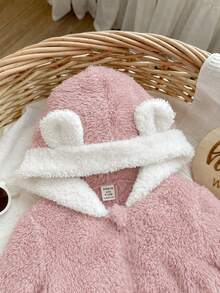 SHEIN 新生女嬰秋冬款可愛毛茸茸拼色連帽連身衣 - 淺粉色 - 查看 6