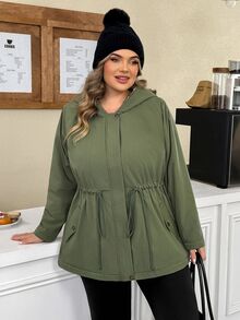 SHEIN CURVE+ Fleecejacka i plus size med dragkedja, dragsko, lång ärm och huva - Armé Grön - Visa 7