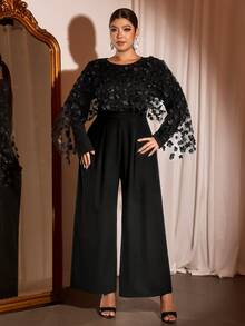Cravure Plus Size Women's Party 3D Floral Long Sleeve Black Jumpsuit - Black - View 8