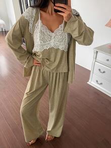 DAZY Women's French Lace Camisole & Pants With Long Sleeve Cardigan Pajama Set - Yellow - View 1