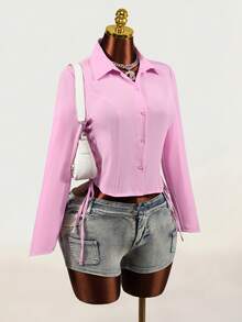 Mistrie Women's Fashion Button Cinched Waist Long Sleeve Shirt - Pink - View 4