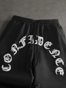 SLATEMANN 男士字母印花休閒日常運動長褲 - 黑色 - 查看 4