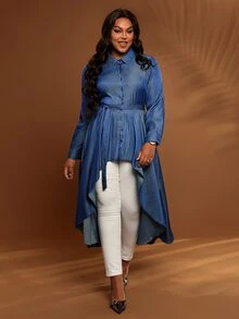 EMERY ROSE Blus Ukuran Besar Warna Biru Kancing Depan Model High Low dengan Sabuk, Kerah Kemeja, Lengan Panjang, Musim Gugur/Musim Dingin 2026 - Biru - View 6