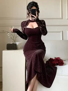 DAZY Women's Elegant Lace Patchwork Sexy Mermaid Dress - Brown - View 6