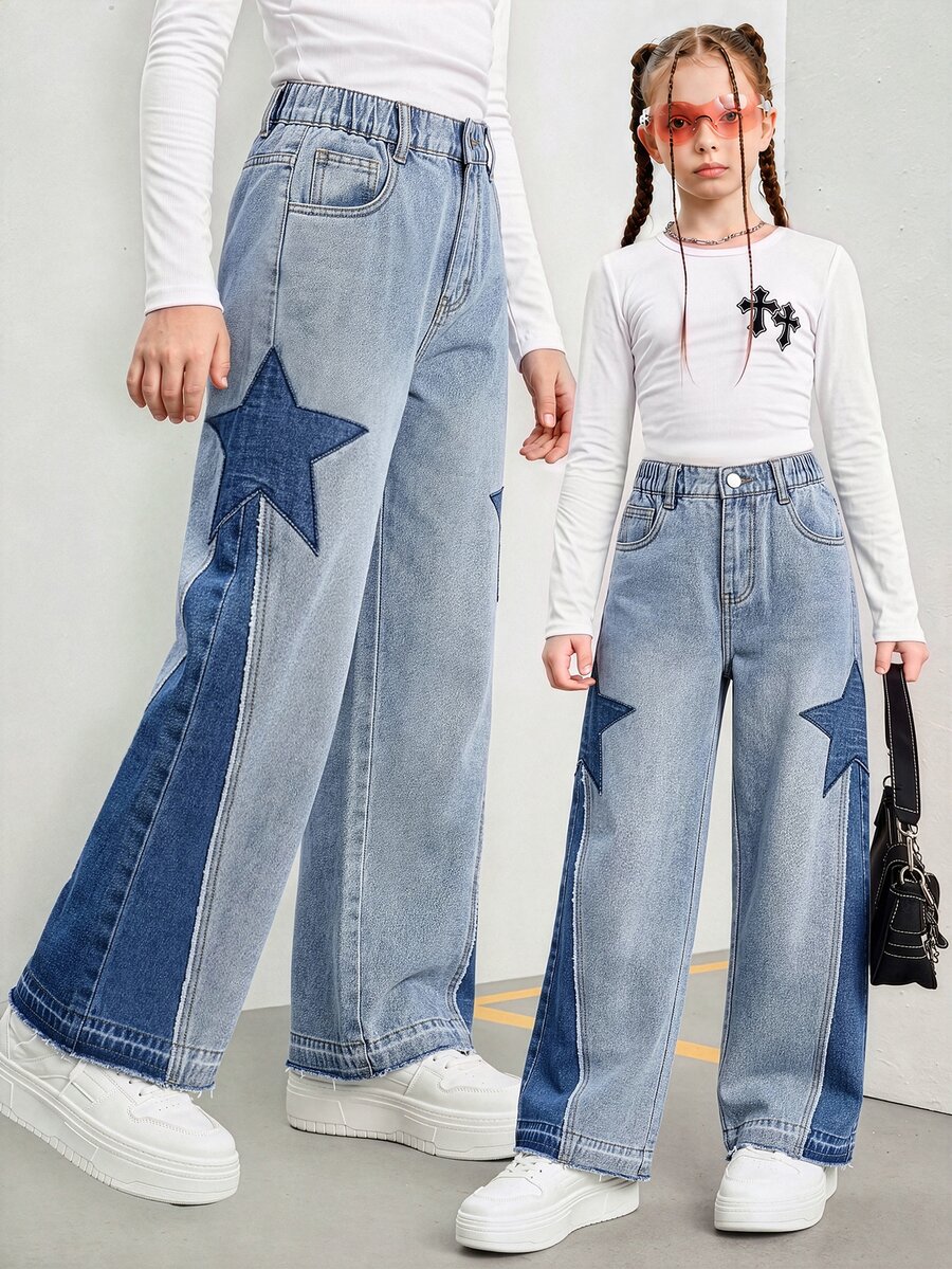 Tween Girl Y2K Grunge Punk Style Loose Fit Star Patchwork Colorblock Wide Leg Jeans, School, Streetwear - Medium Wash - View 1