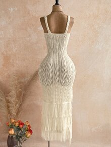 Soleia Women's Hollow Out Tassel Decor Knitted Dress For Vacation - Apricot - View 3