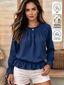 Zayélia New Autumn Women's Long Sleeve T-Shirt Blouse With Ruffle Hem, Fashion Design Solid Color Top - Navy Blue - View 4