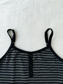 SHEIN Elladie kids Teen Girl Button Design Striped Camisole, All-Match Versatile Daily Style, Perfect For Everyday Wear, Outdoor Travel And More - Black - View 6