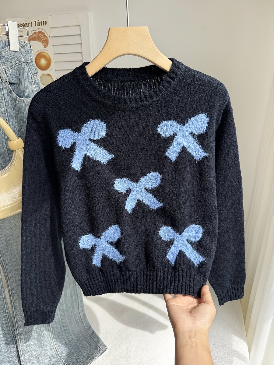 (Gadis Remaja) Sweater Musim Gugur/Dingin Pita Jacquard Serbaguna Kasual Hangat Lembut Nyaman Ramah Kulit - Hitam - View 1